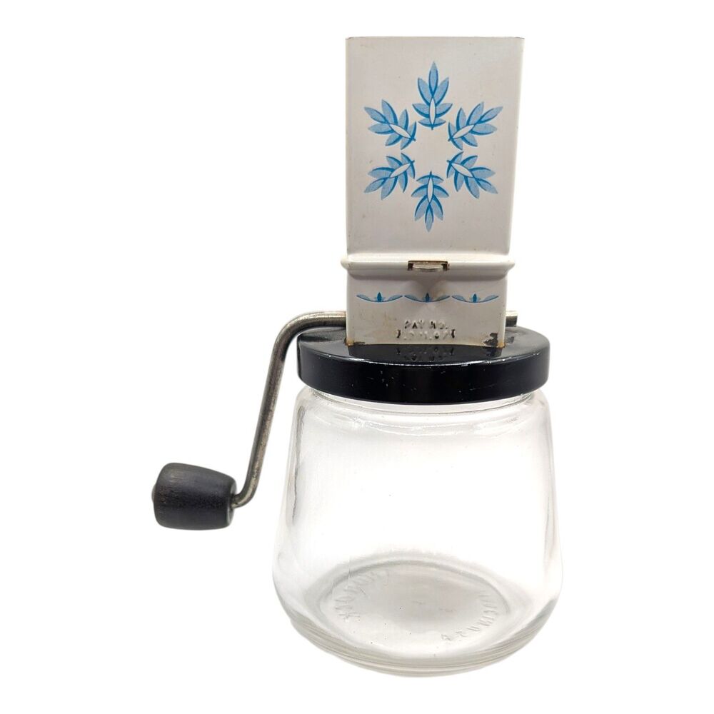 Androck Vintage Manual Nut Grinder 1950s Blue Floral Glass Jar MCM USA